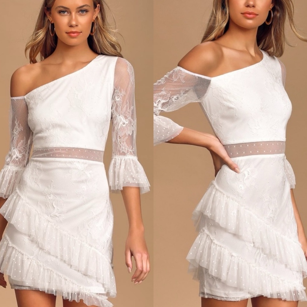Lulu's Ivory Lace One-Shoulder Mini Dress